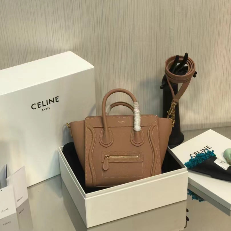 Celine Mini Luggage Tote Bag In Brown Drummed Calfskin