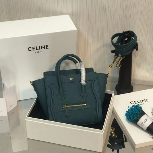 Celine Mini Luggage Tote Bag In Dark Green Drummed Calfskin