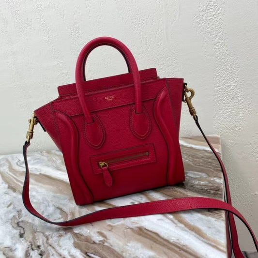 Celine Mini Luggage Tote Bag In Red Drummed Calfskin