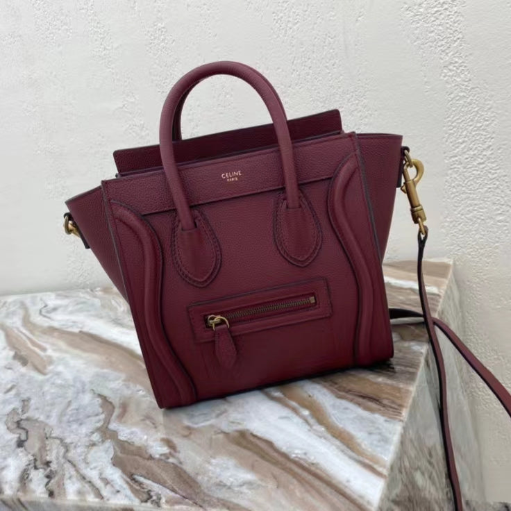 Celine Mini Luggage Tote Bag In Pomegranate Red Drummed Calfskin