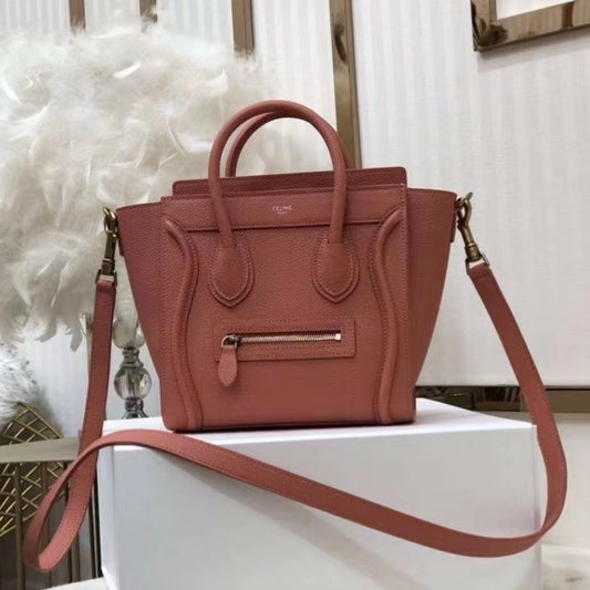 Celine Mini Luggage Tote Bag In Tomato Red Drummed Calfskin