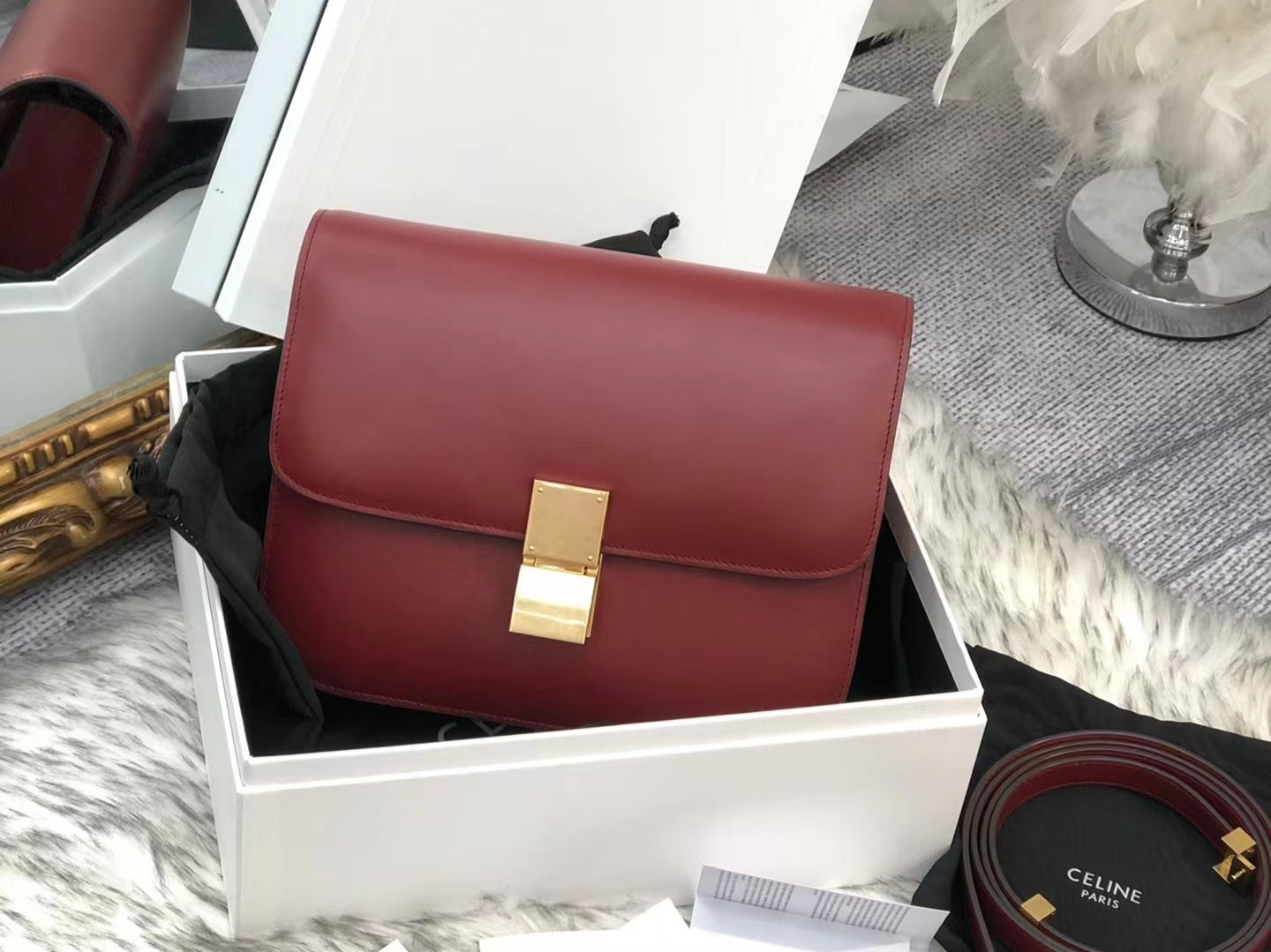 Celine Classic Box Medium Bag In Burdungy Box Calfskin