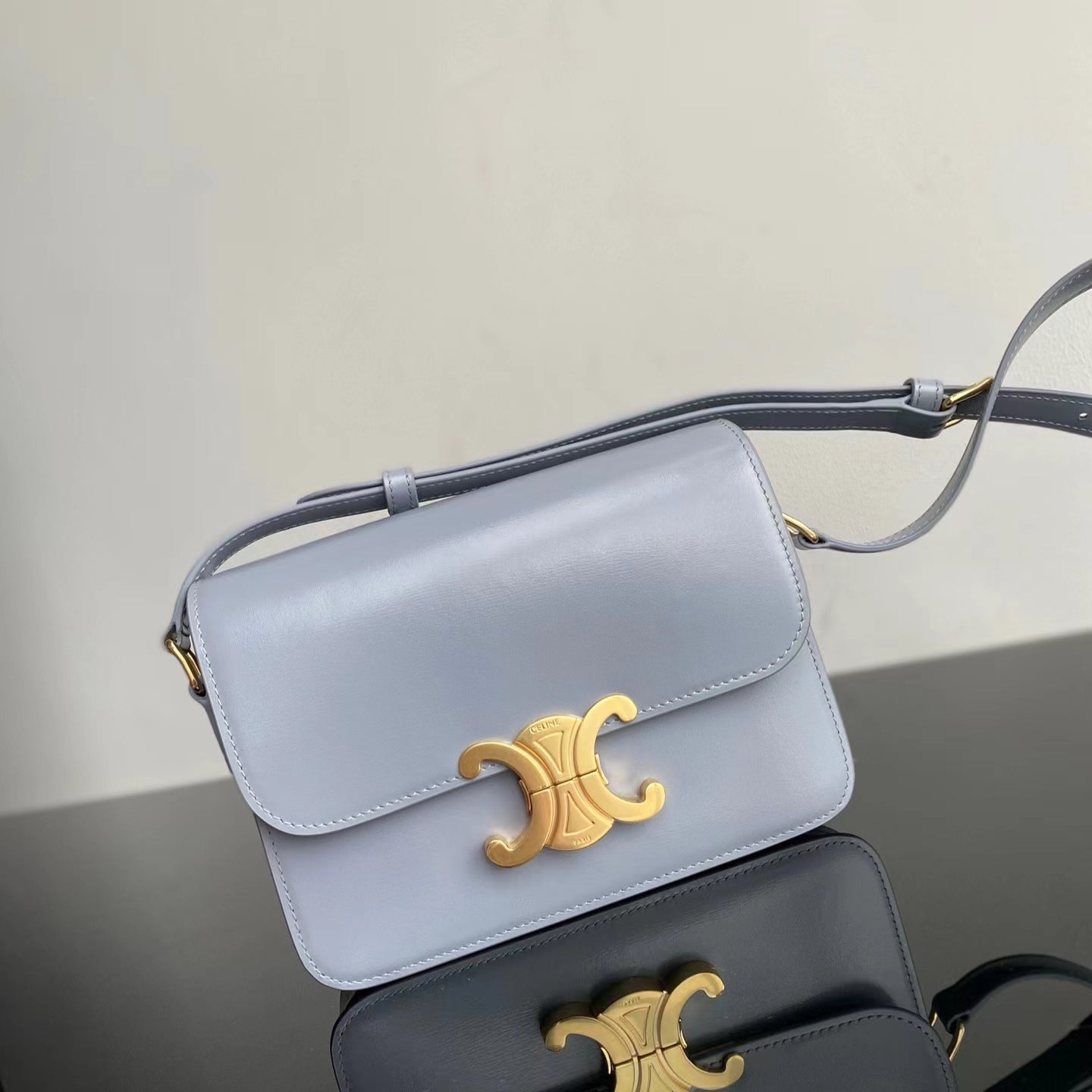 Celine Triomphe Teen Bag In Light Blue Leather