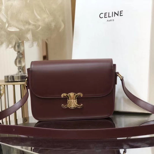 Celine Triomphe Medium Bag In Burdungy Smooth Calfskin