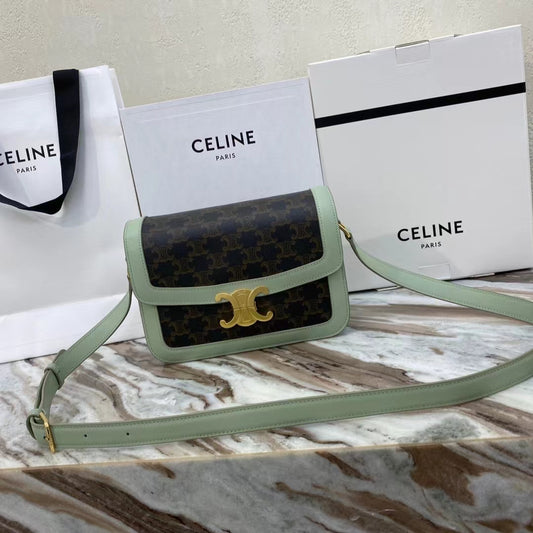 Celine Classic Triomphe Medium Bag In Green Vintage Canvas Box