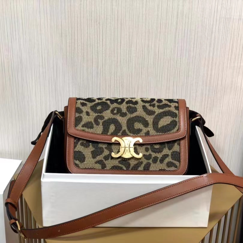 Celine Classic Triomphe Medium Bag In Brown Leather Leopard Print Bag