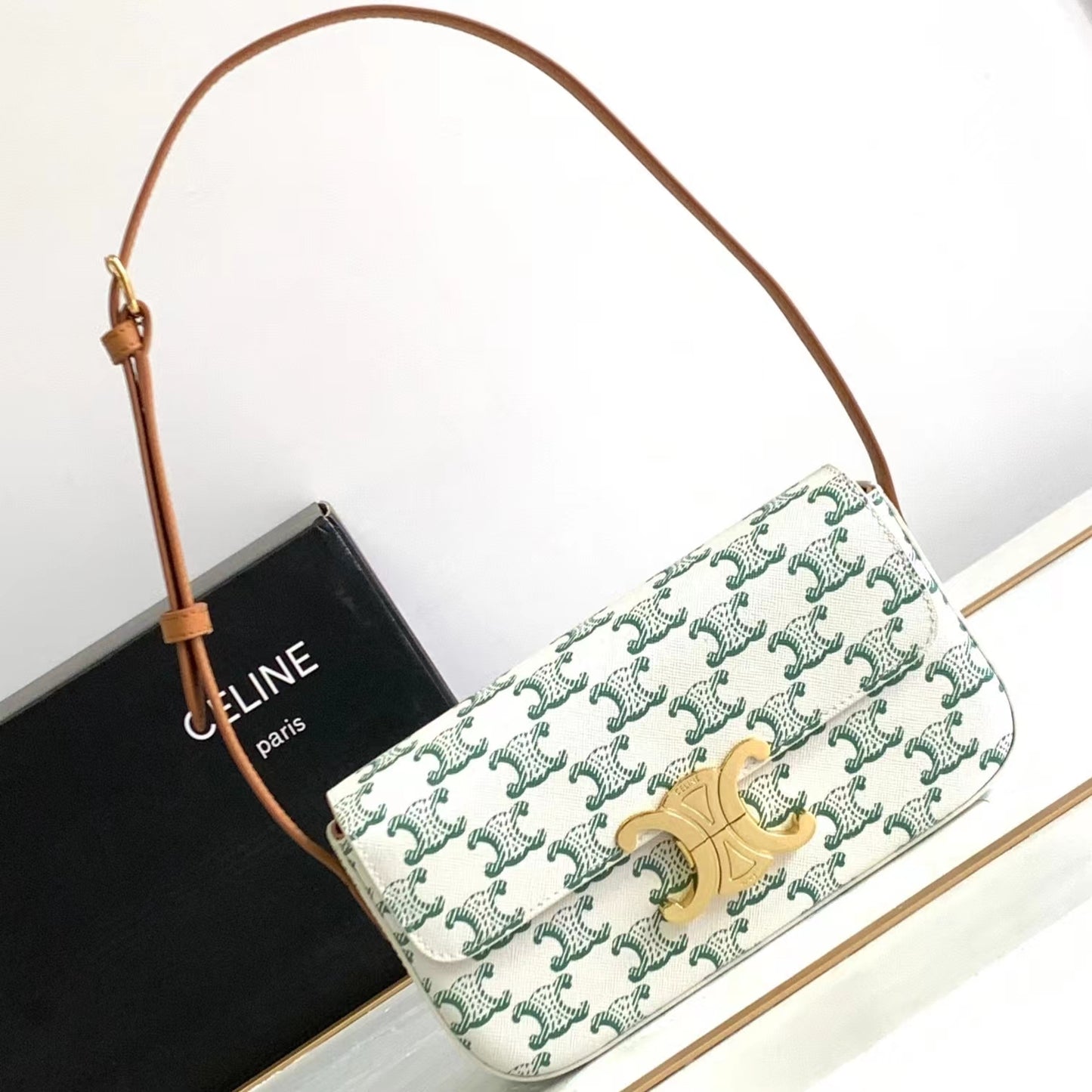 Celine Triomphe Green Vintage Pattern Canvas And Calfskin Shoulder Bag