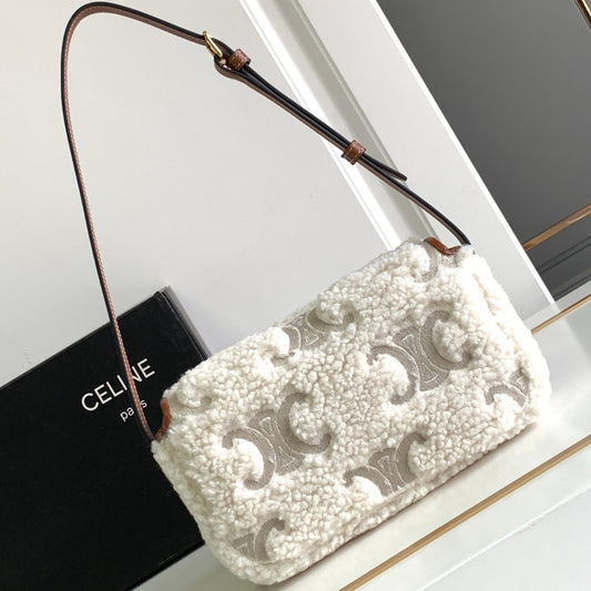 Celine Arc De Triomphe White Lambswool Shoulder Bag