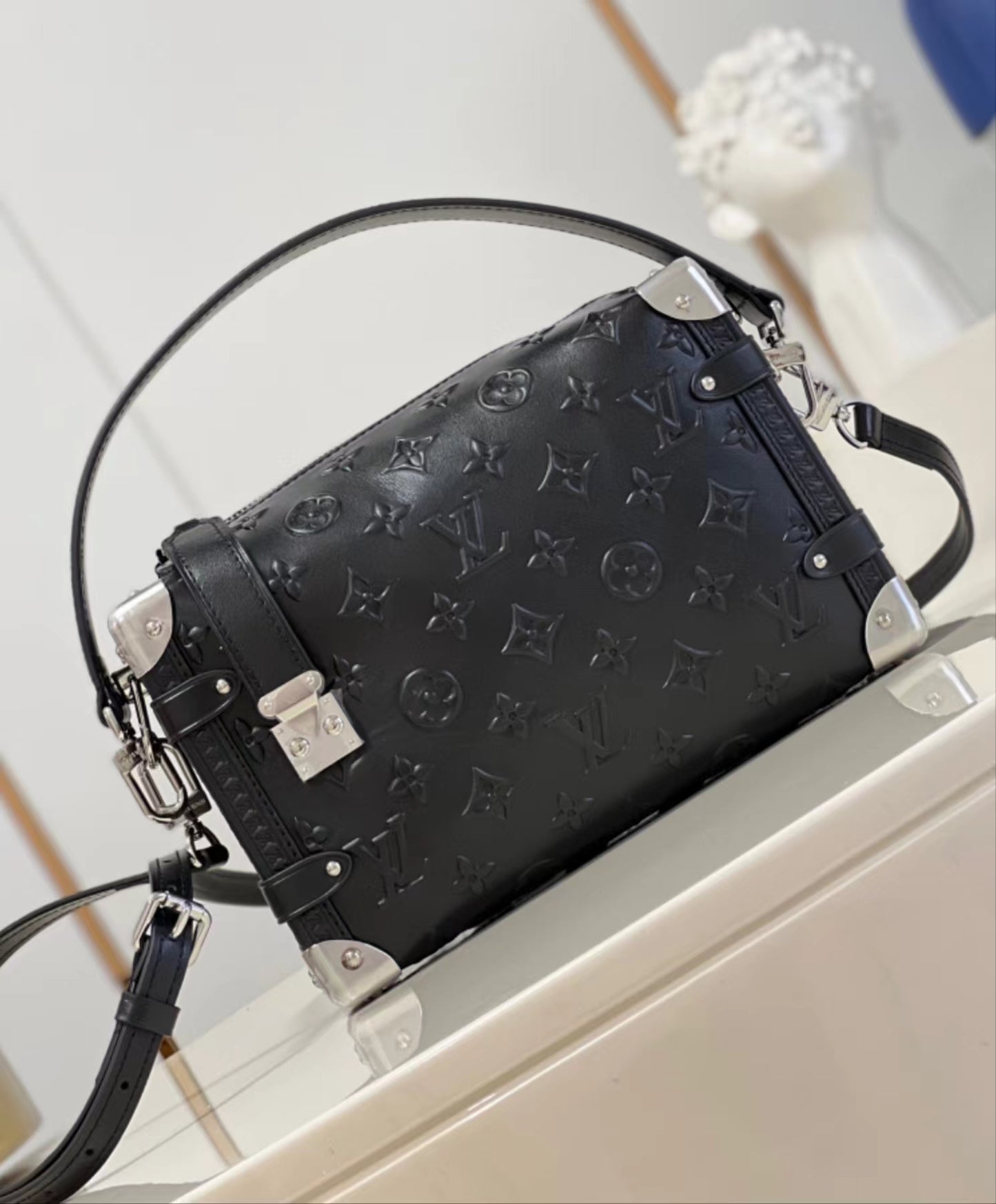 Louis Vuitton Black Monogram-Debossed Calfskin Side Trunk