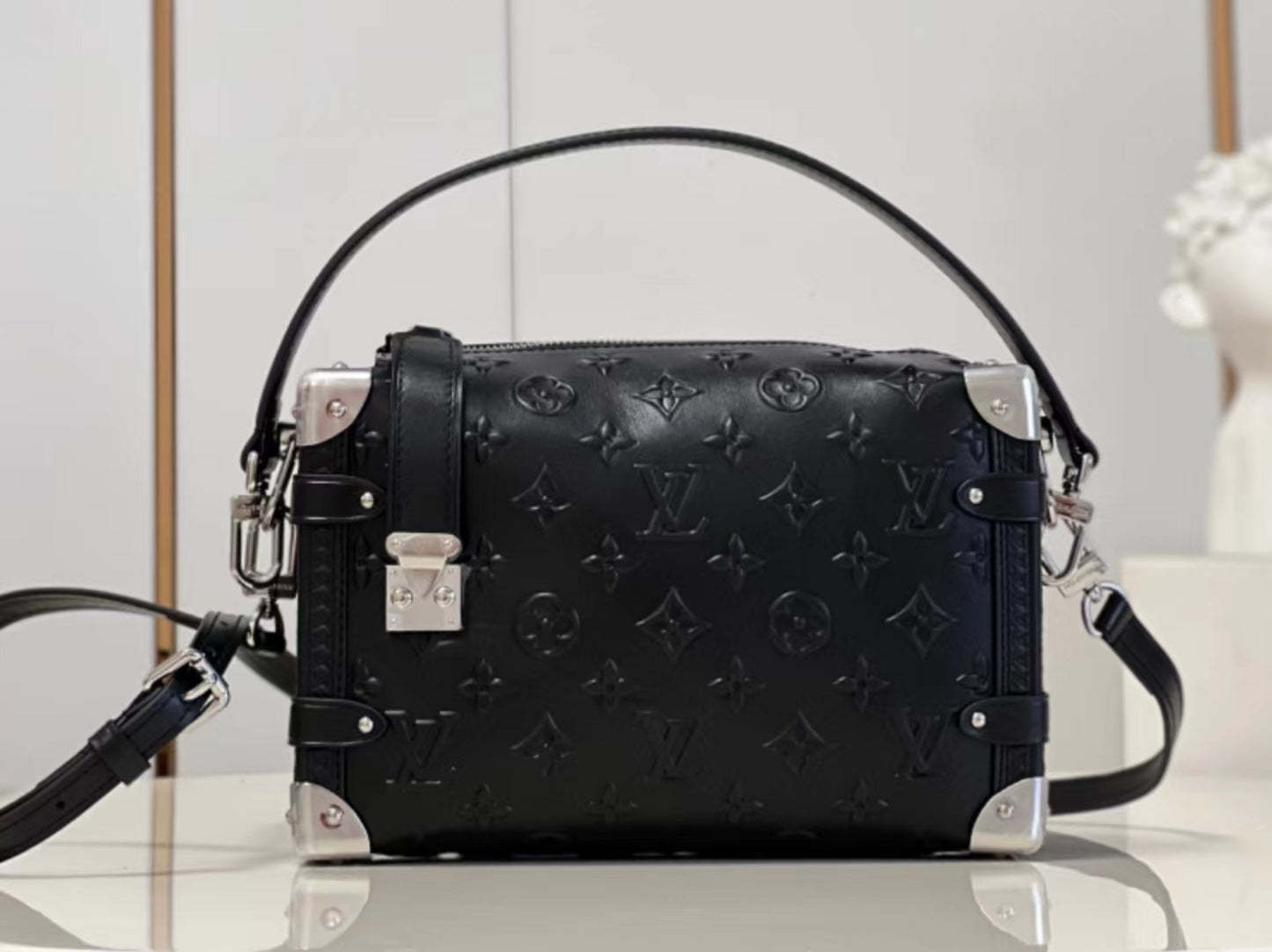 Louis Vuitton Black Monogram-Debossed Calfskin Side Trunk