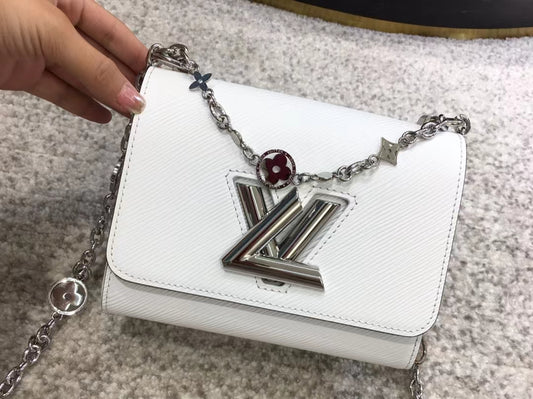 Louis Vuitton Twist Pouch In White Epi Leather With Silver Chain