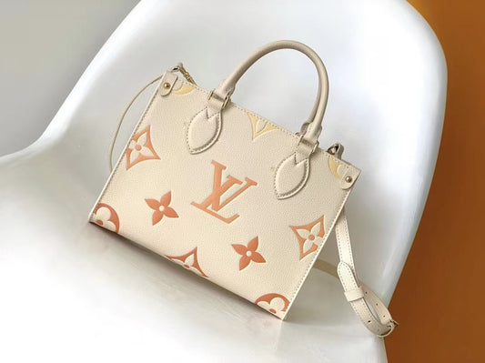 Louis Vuitton Onthego In Beige With Embossed Canvas Bag