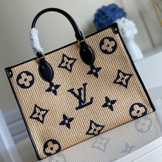 Louis Vuitton Onthego Handbags In Beige Straw Bag With Black Embossed