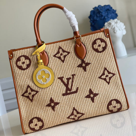 Louis Vuitton Onthego Beige Medieval Straw Embossed Bag