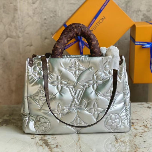 Louis Vuitton Onthego Tote Bag In Silver Down Embossed