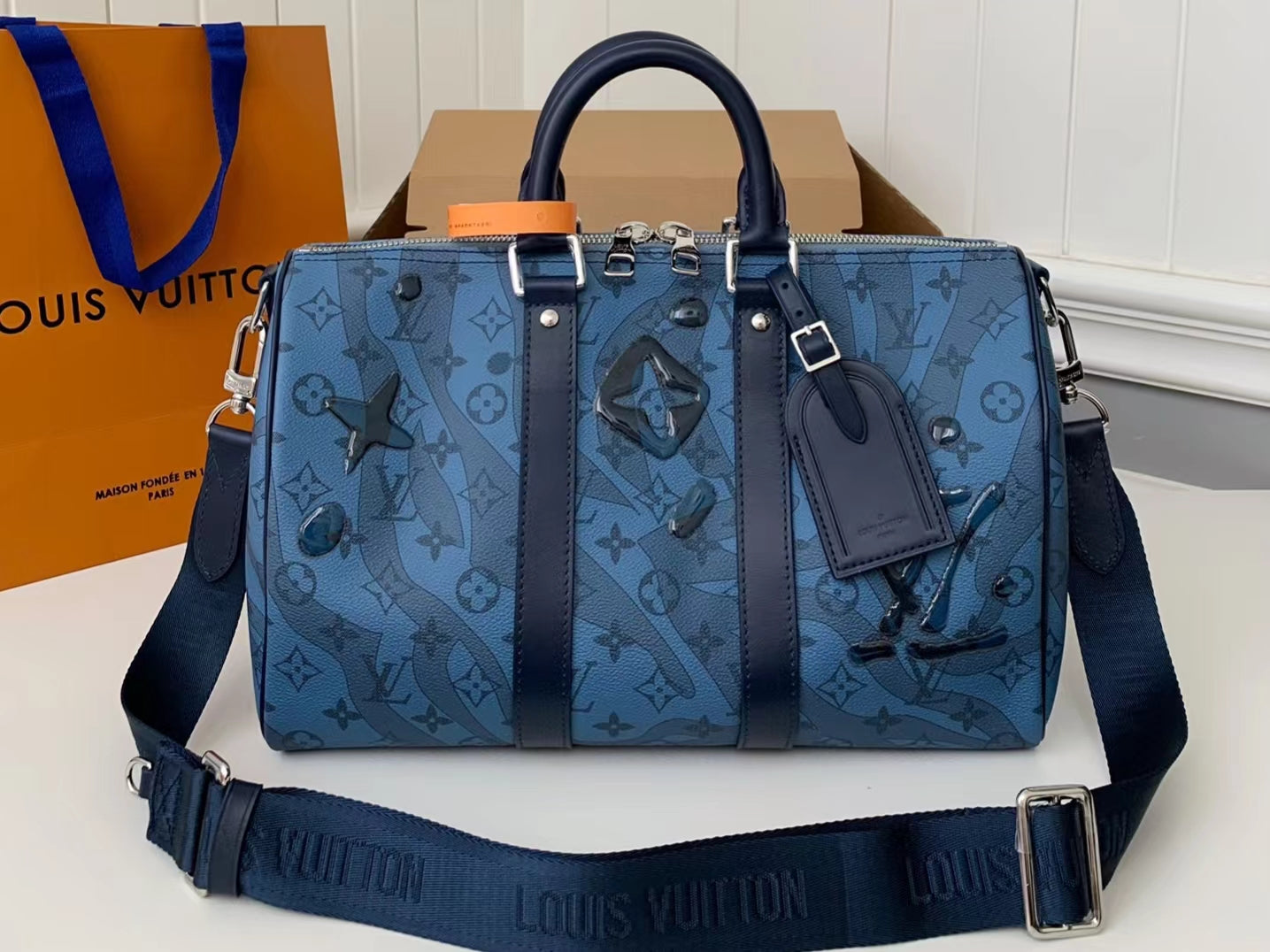 Louis Vuitton Keepall Bandouliere 45 Monogram Water Drop Blue