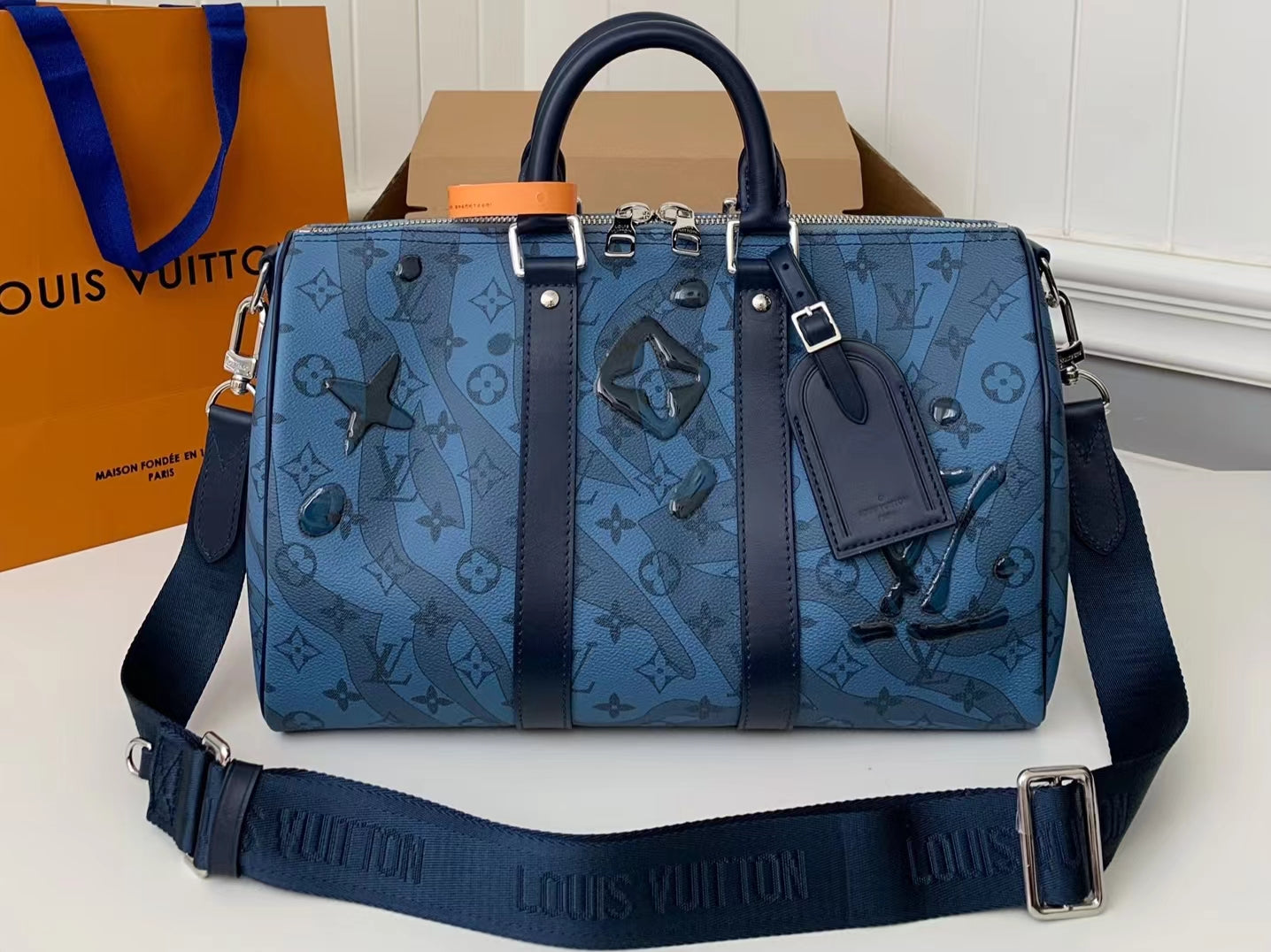 Louis Vuitton Keepall Bandouliere 35 Monogram Water Drop Blue Embossed Pattern