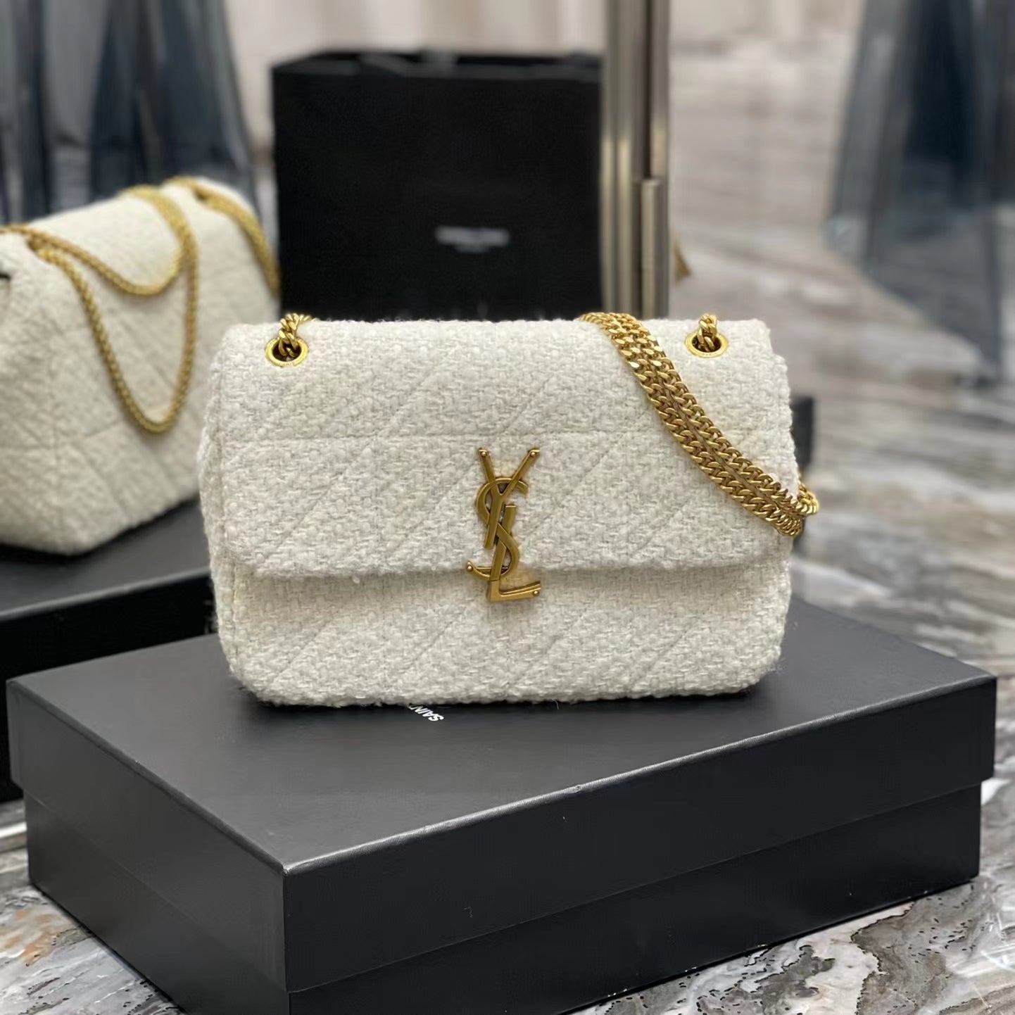 Saint Laurent Le Carre Beige Wool Shoulder Bag