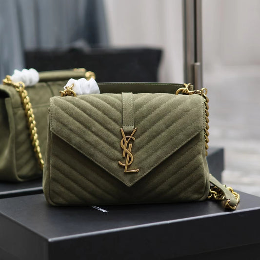 SAINT LAURENT College Ysl-Logo Quilted Green Suede Shoulder Bag