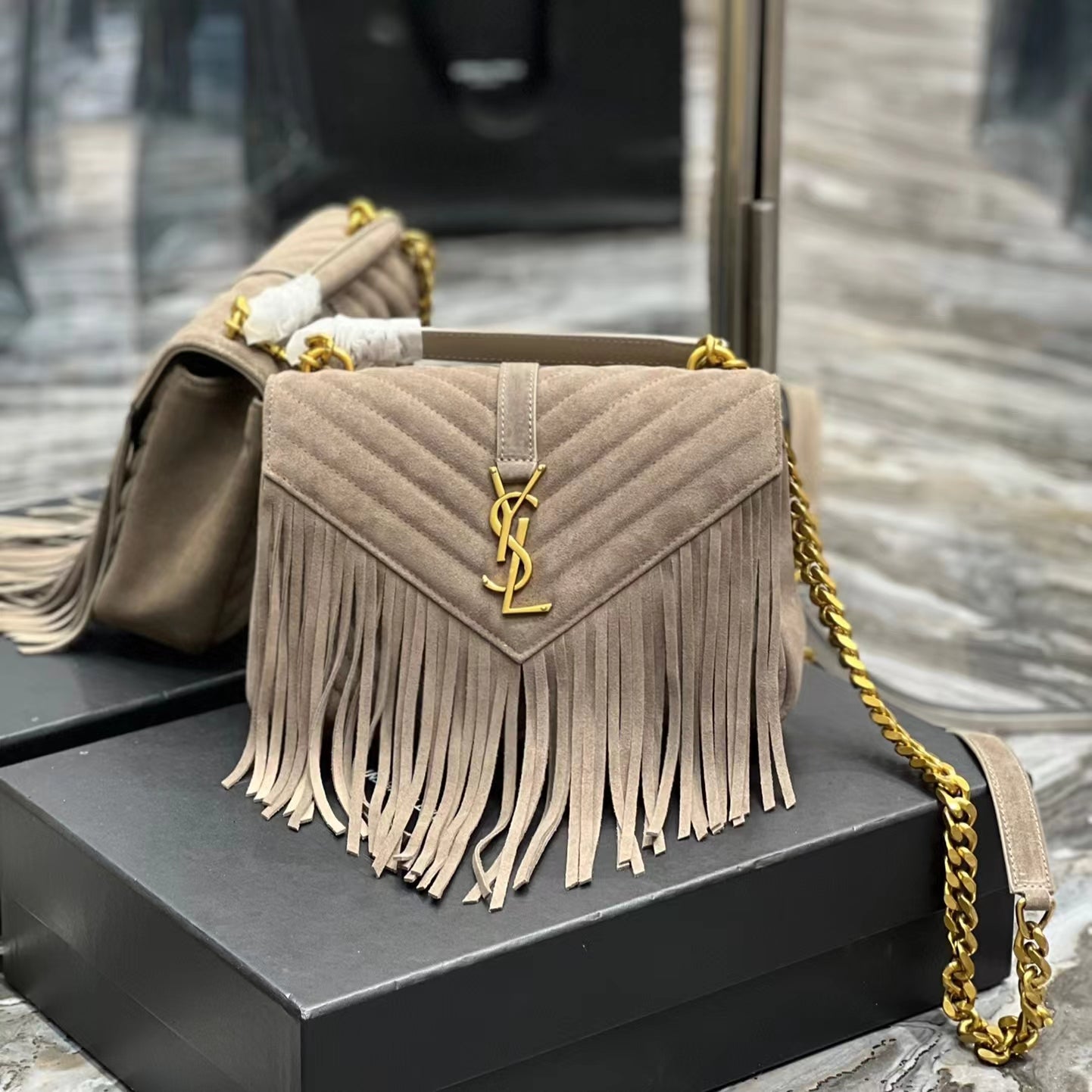 SAINT LAURENT College Quilted Gray Suede Fringed Shoulder Bag