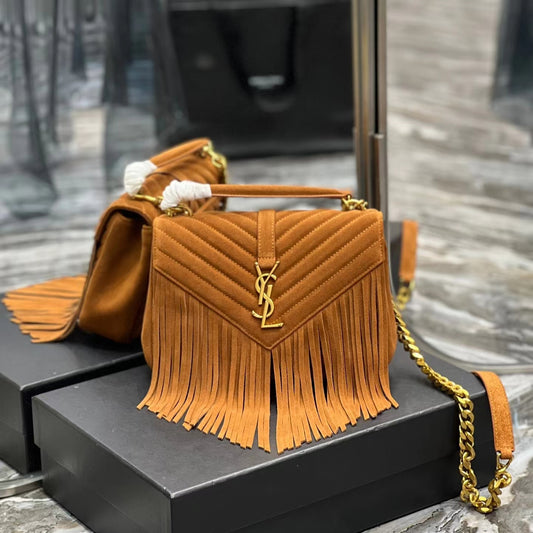 SAINT LAURENT College Quilted Gold Brown Suede Fringed Shoulder Bag