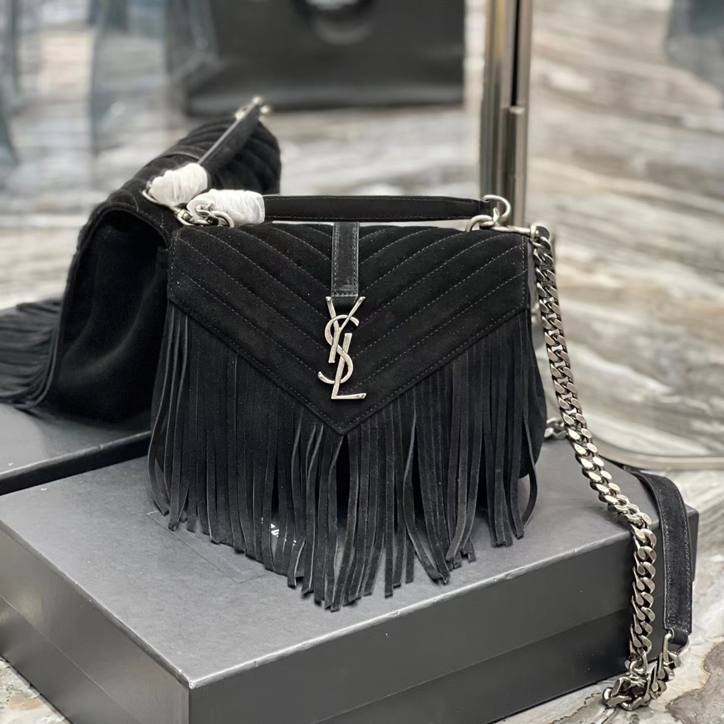 SAINT LAURENT College Quilted Black Suede Fringed Shoulder Bag