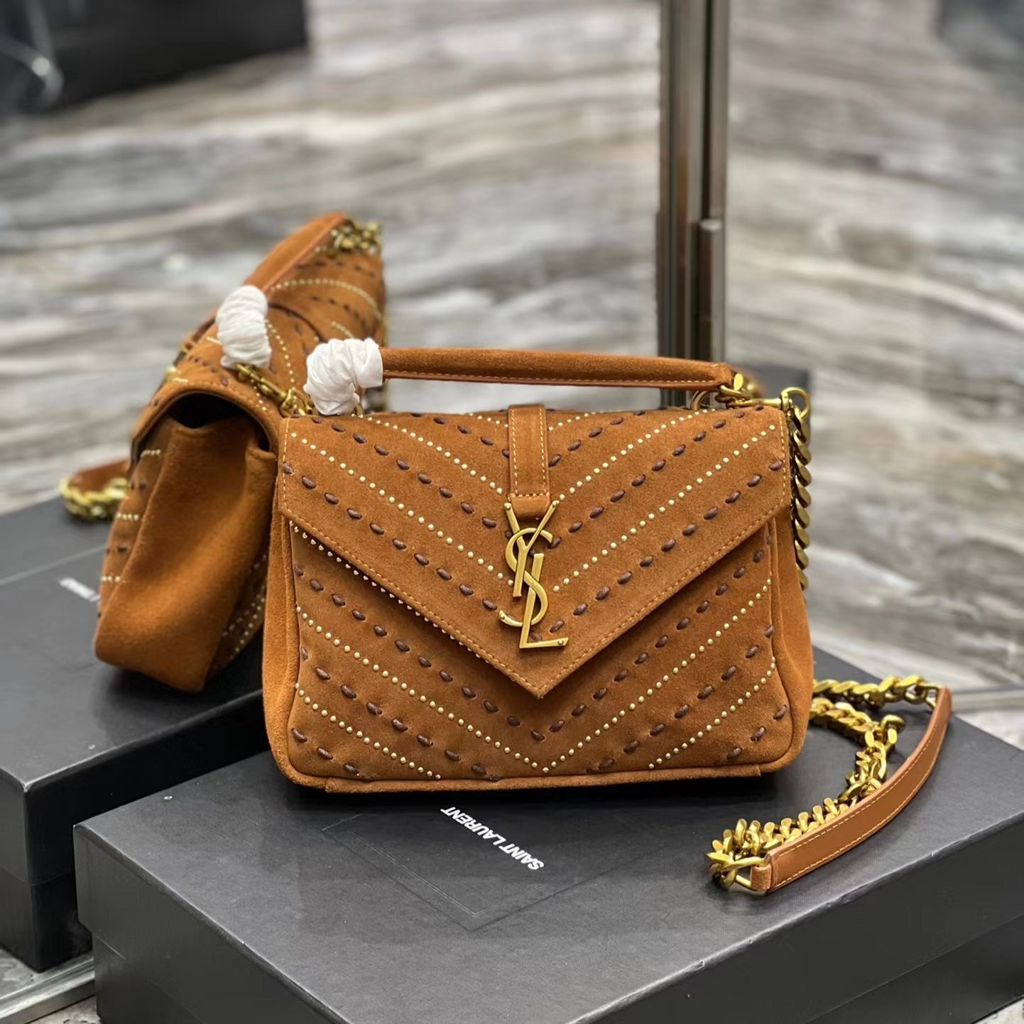 SAINT LAURENT College Ysl-Logo Quilted Gold Brown Suede Shoulder Bag