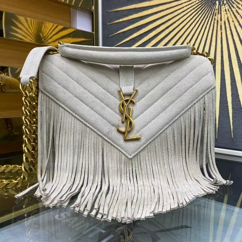 SAINT LAURENT College Quilted Off-white Suede Fringed Shoulder Bag