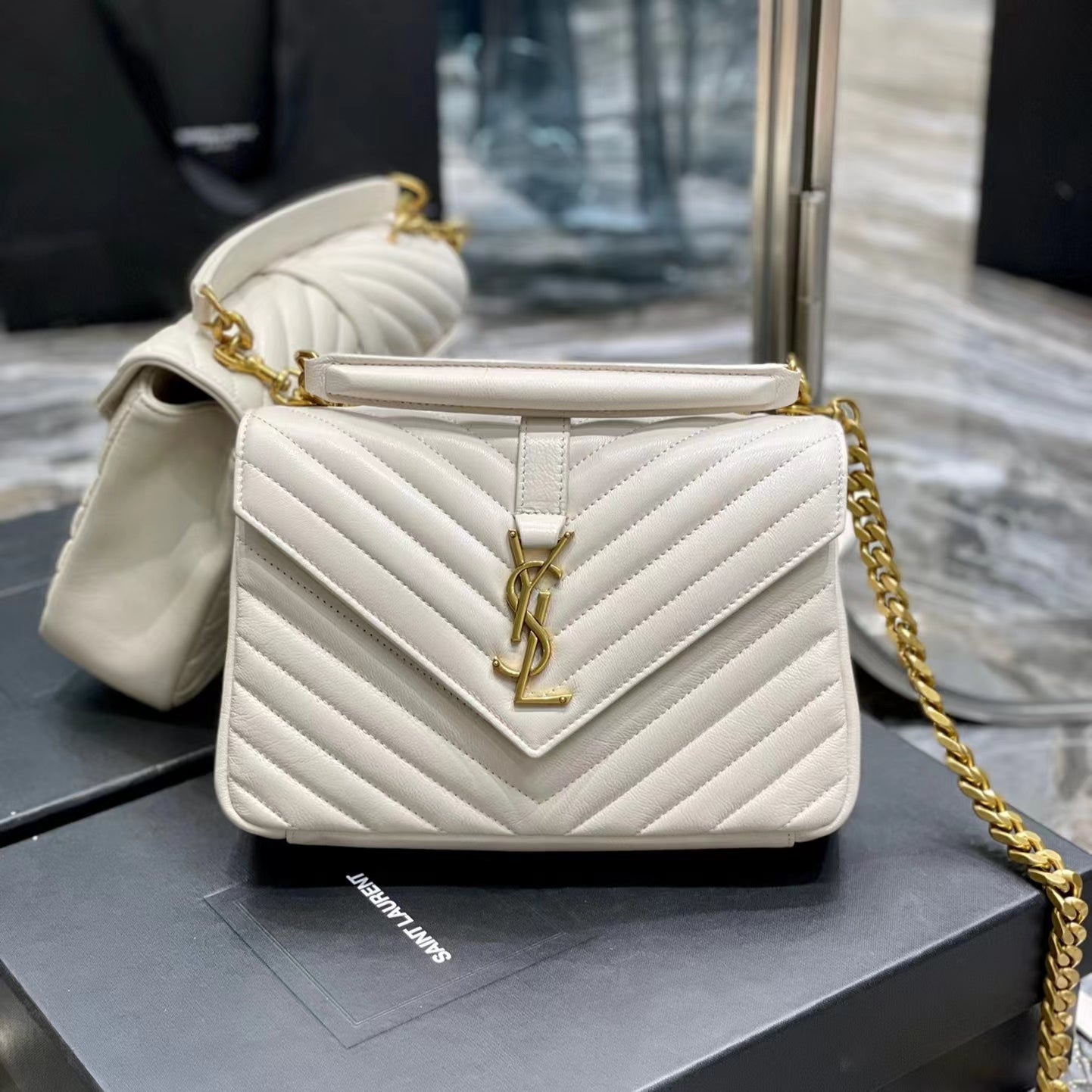 SAINT LAURENT College Ysl-Logo Quilted White Suede Shoulder Bag