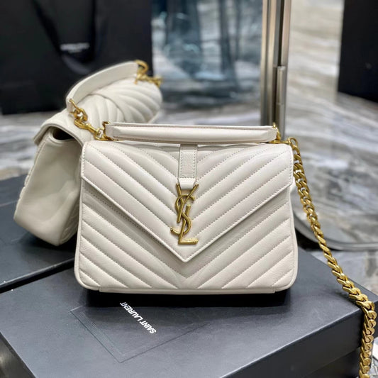 SAINT LAURENT College Ysl-Logo Quilted White Suede Shoulder Bag