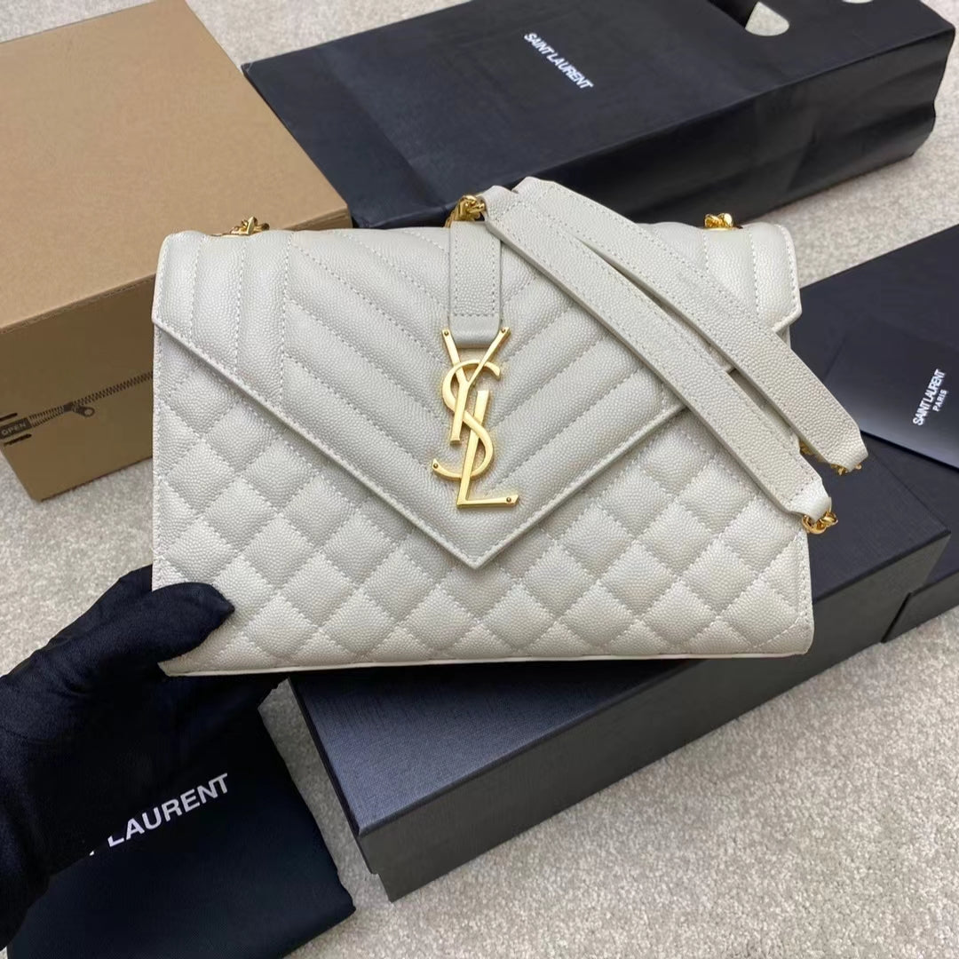 Saint Laurent Envelope Medium Quilted White Grained Leather Bag