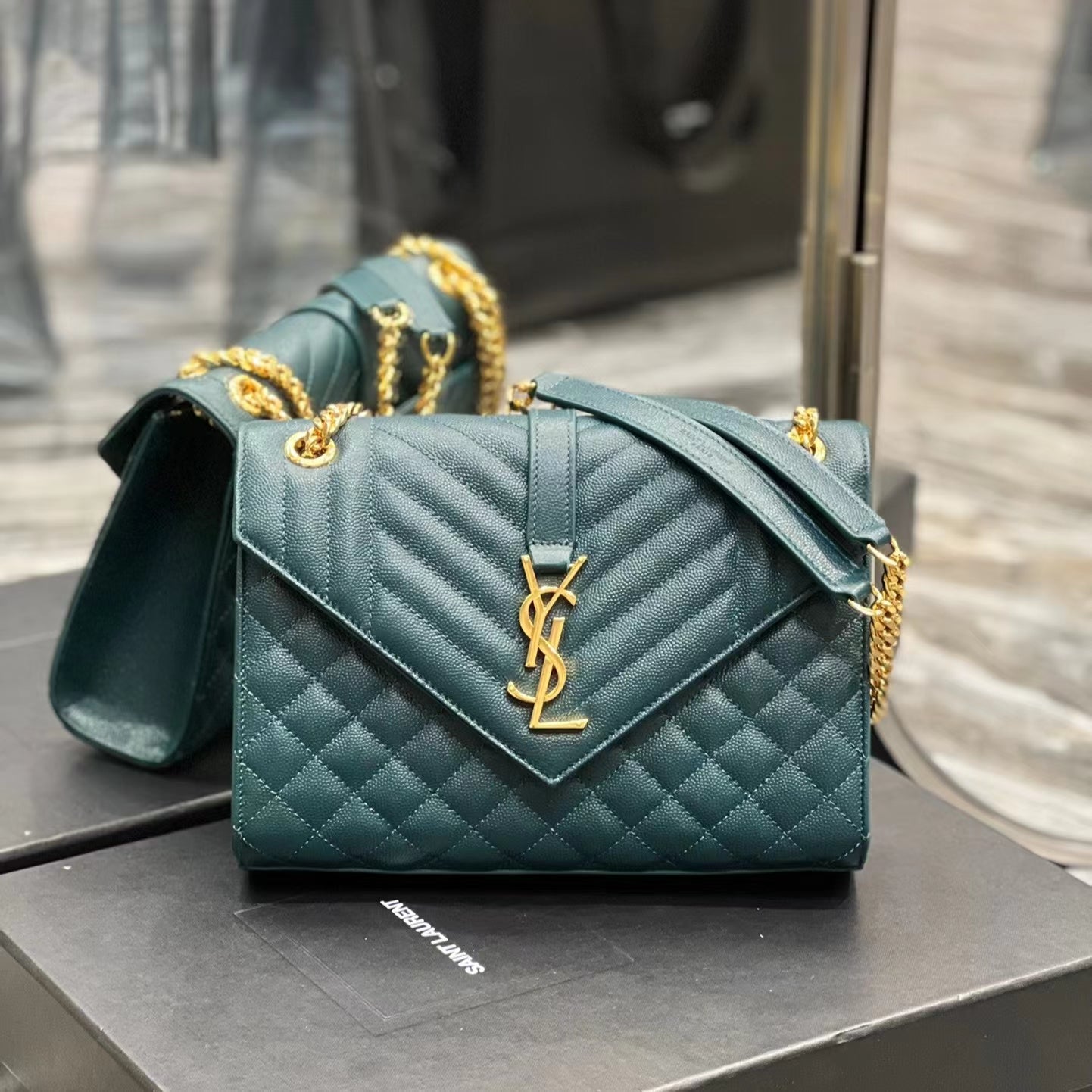 Saint Laurent Envelope Medium Quilted Dark Green Grained Leather Bag