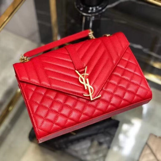 Saint Laurent Envelope Medium Quilted Red Grained Leather Bag