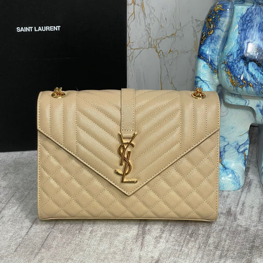 Saint Laurent Envelope Medium Quilted Apricot Grained Leather Bag