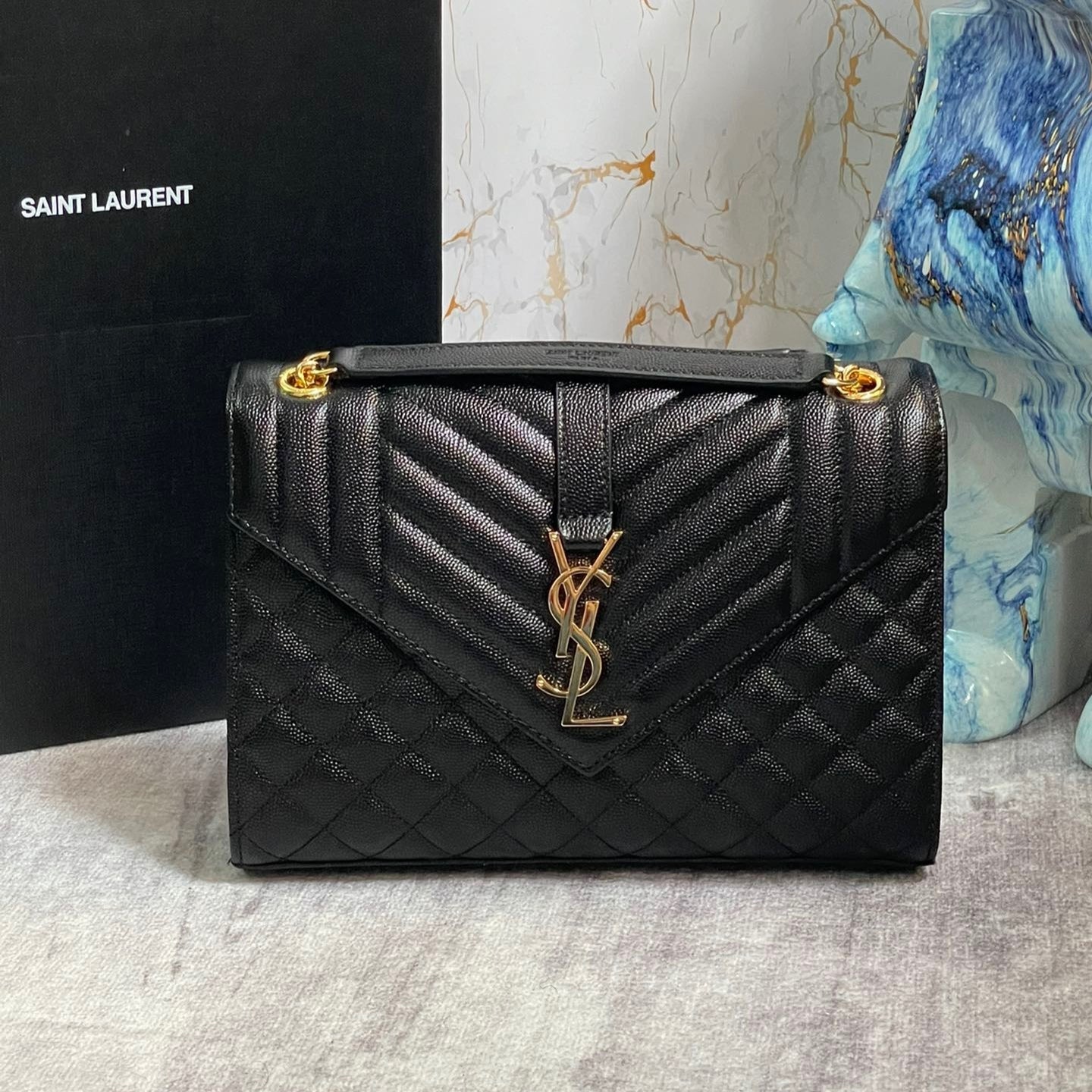 Saint Laurent Envelope Medium Quilted Black Grained Leather With Gold Hardware