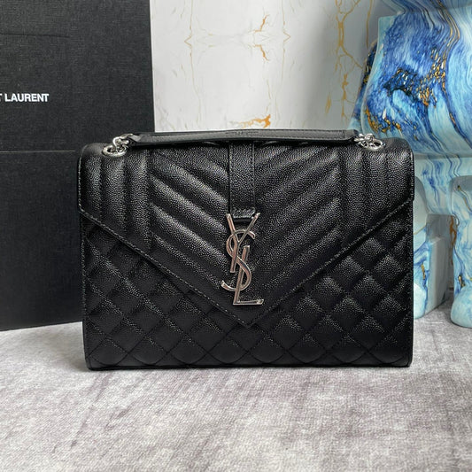 Saint Laurent Envelope Medium Quilted Black Grained Leather With Silver Hardware