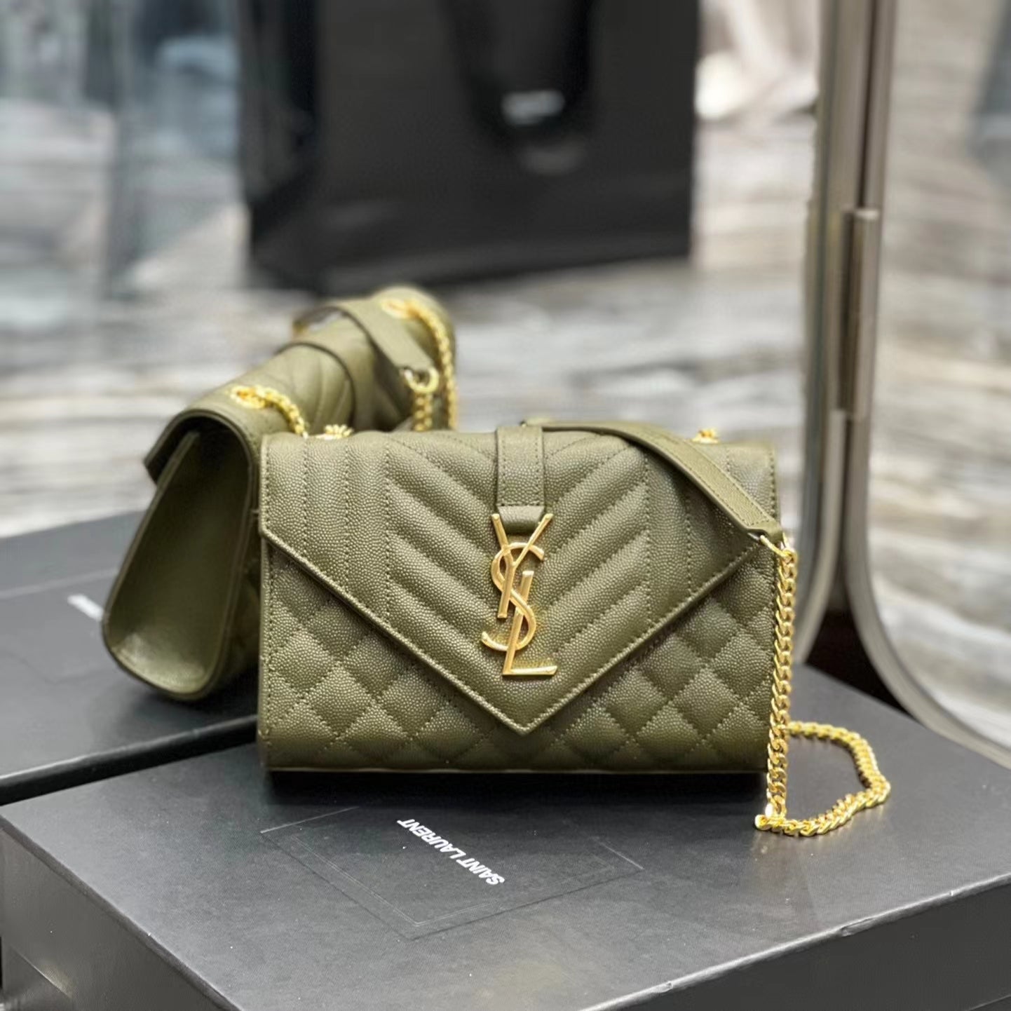 Saint Laurent Envelope Small Quilted Green Grained Leather Bag