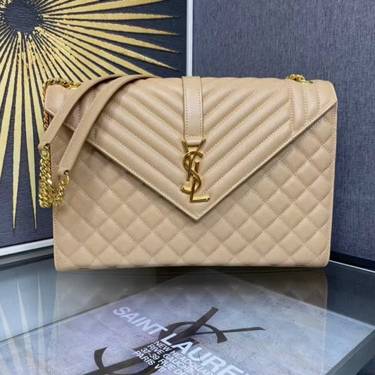 Saint Laurent Envelope Large Quilted Beige Grained Leather Bag