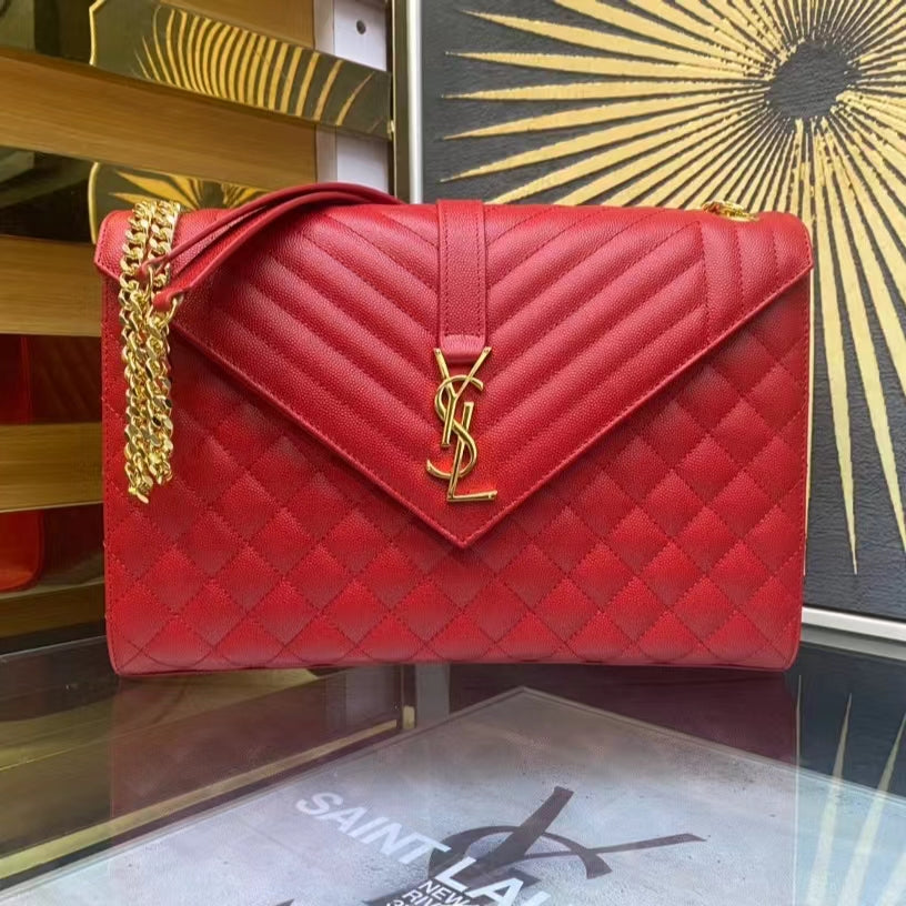 Saint Laurent Envelope Large Quilted Red Grained Leather Bag