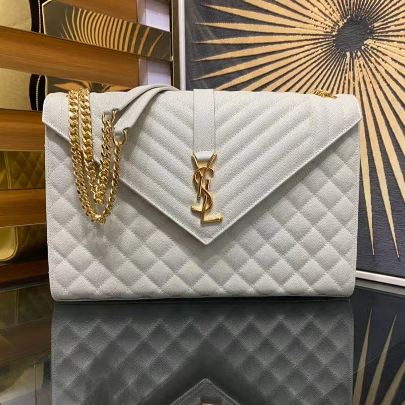 Saint Laurent Envelope Large Quilted White Grained Leather Bag