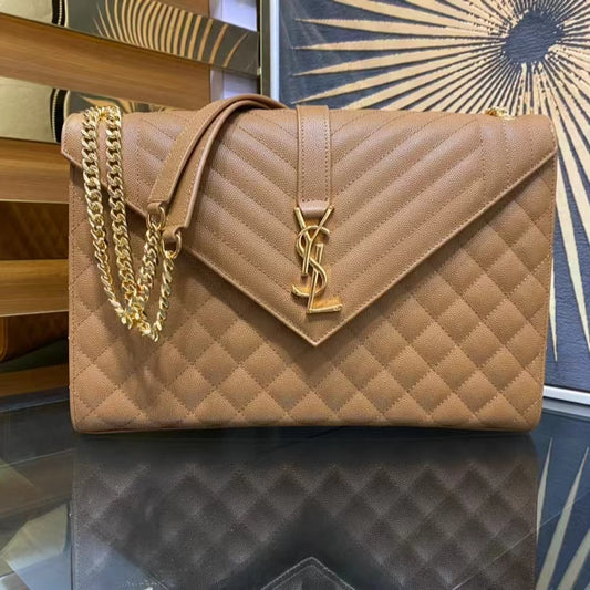 Saint Laurent Envelope Large Quilted Brown Grained Leather Bag