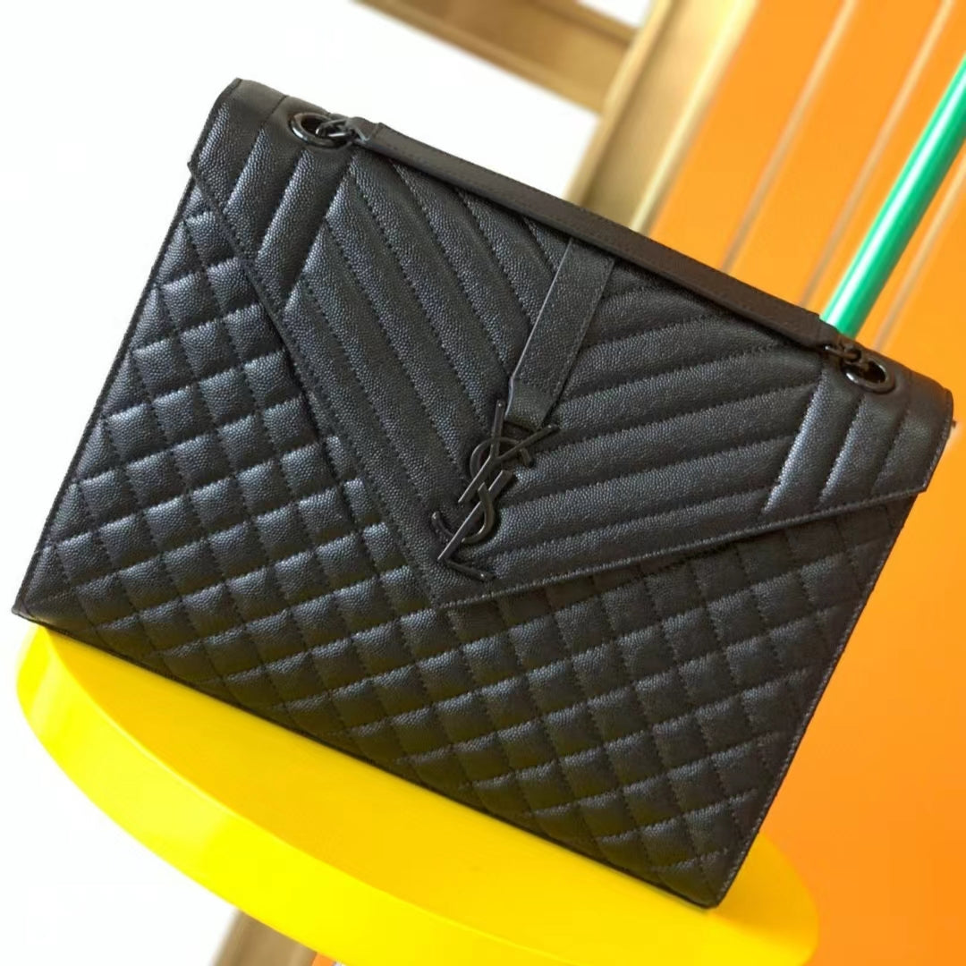 Saint Laurent Envelope Large Quilted Black Grained Leather With Black Hardware