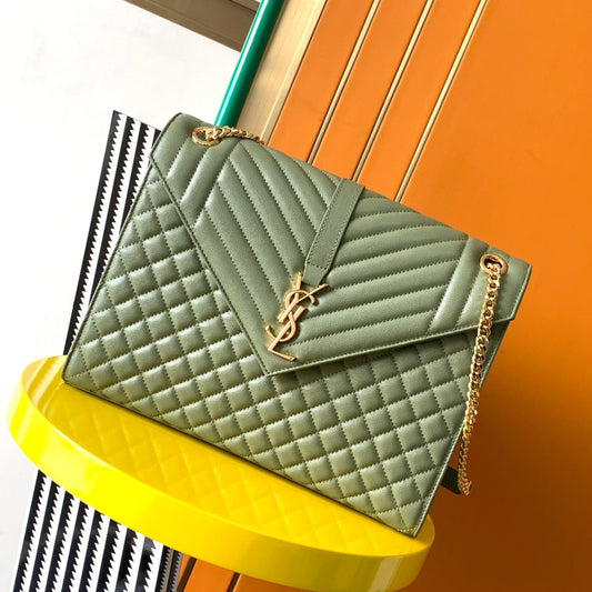 Saint Laurent Envelope Large Quilted Green Grained Leather Bag