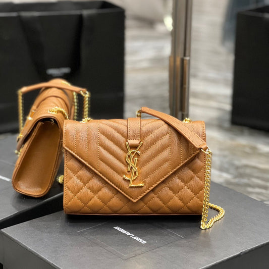 Saint Laurent Envelope Small Quilted Gold Brown Grained Leather Bag