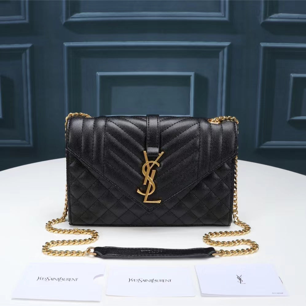 Saint Laurent Envelope Small Quilted Black Grained Leather With Gold Hardware