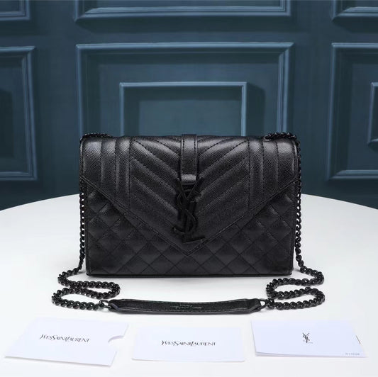 Saint Laurent Envelope Small Quilted Black Grained Leather With Black Hardware