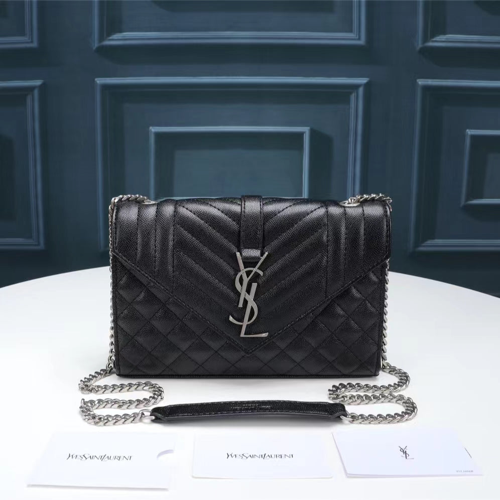 Saint Laurent Envelope Small Quilted Black Grained Leather With Silver Hardware