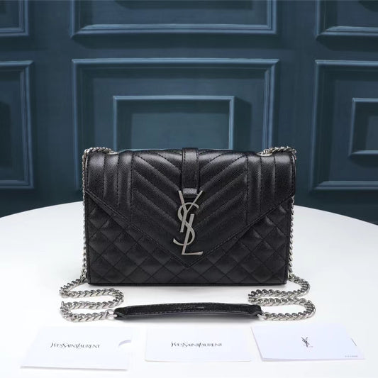 Saint Laurent Envelope Small Quilted Black Grained Leather With Silver Hardware