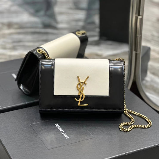 Saint Laurent Kate Small Black And White Glossy Leather Chain Bag