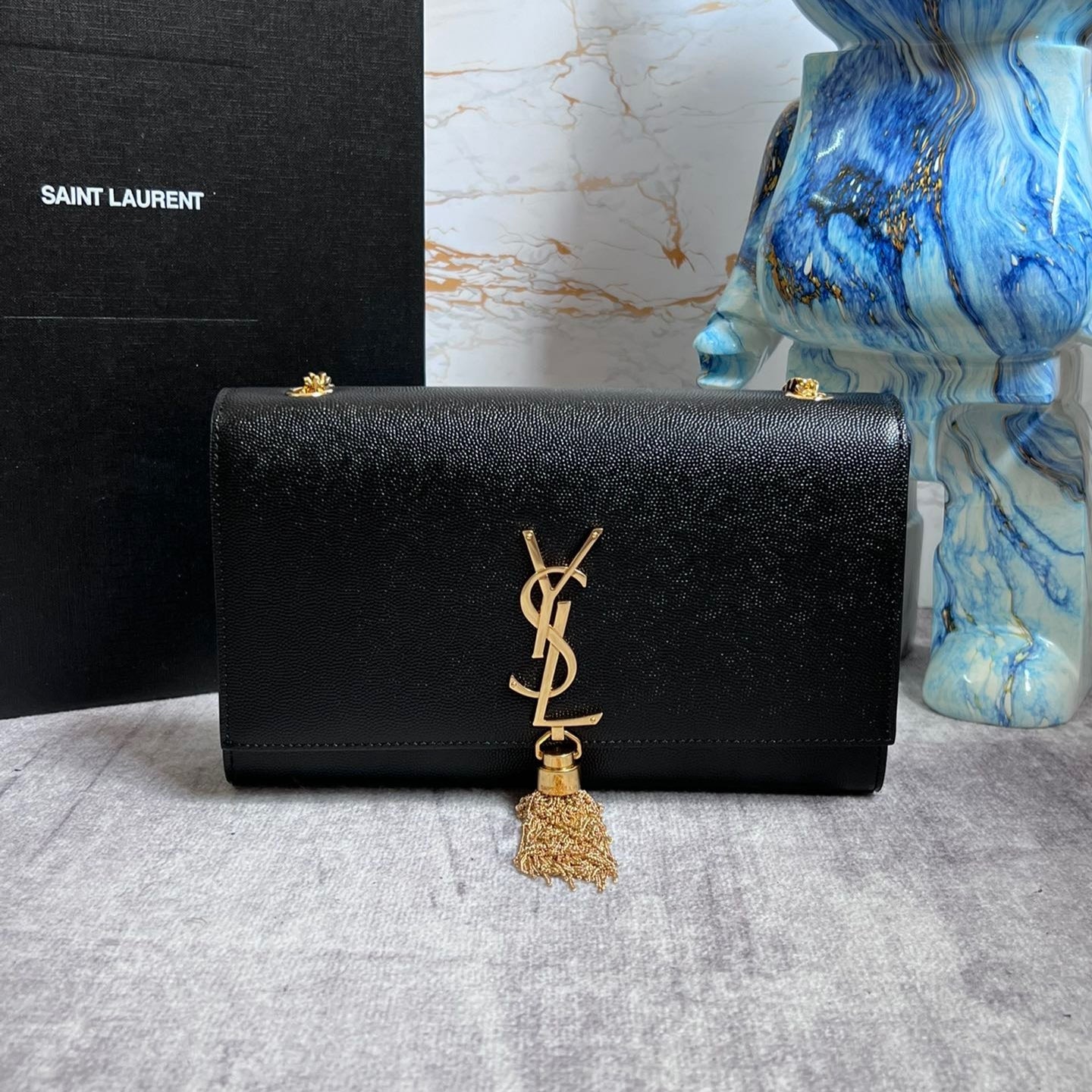 Saint Laurent Kate Medium Chain Bag In Black Grain Leather With Gold Hardware